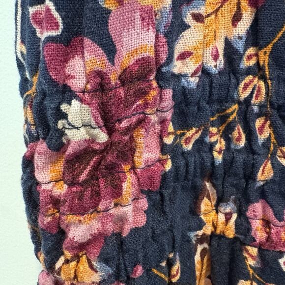 Boho Bloomcore Dress Women Small Navy Linen Blend Sundress Tiered Midi Pockets - Picture 9 of 15